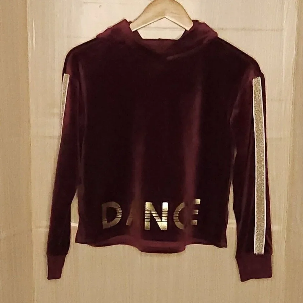 Justice Maroon Gold Velour Hooded Dance Sweatshirt 12
